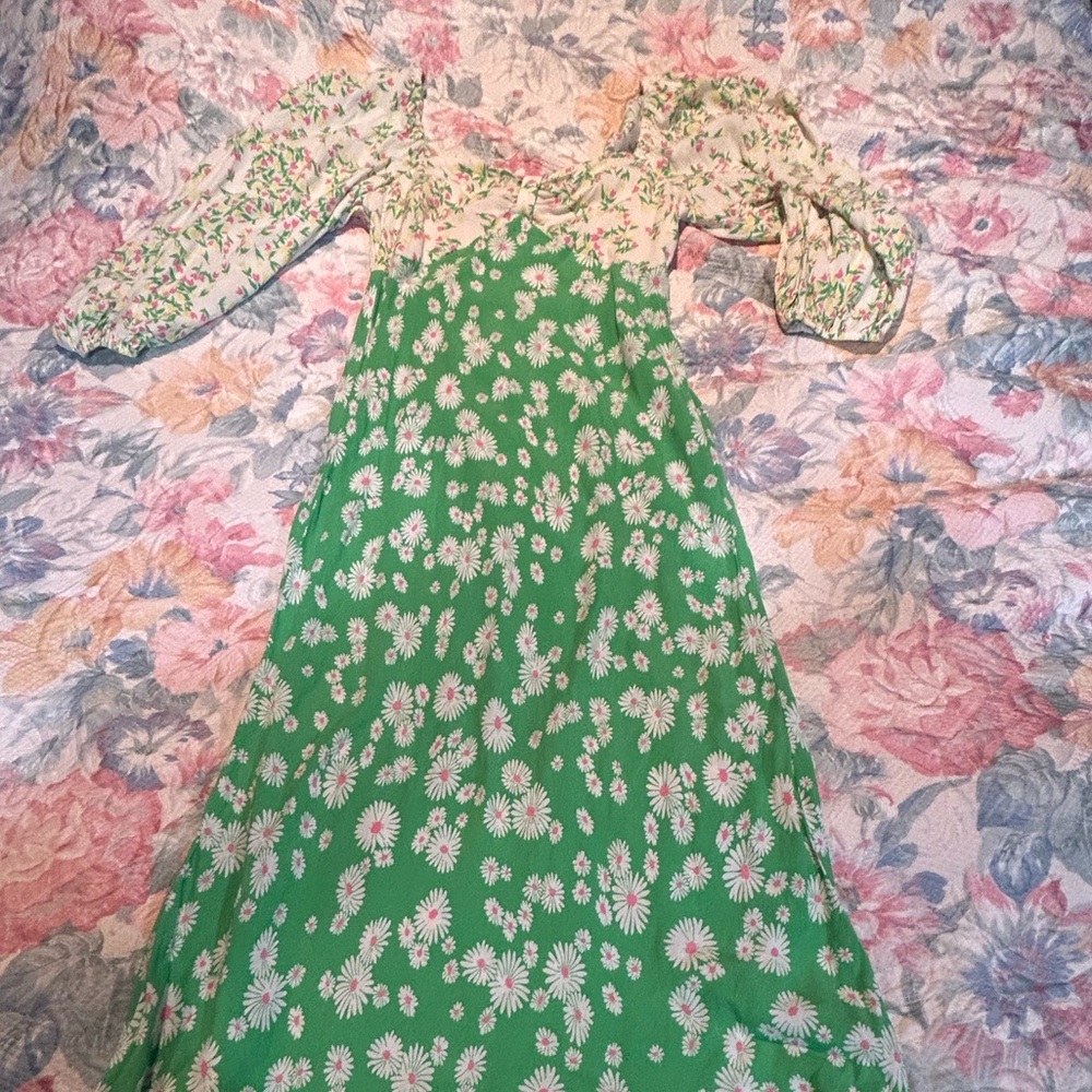 RIXO Green Floral Long Sleeve Dress